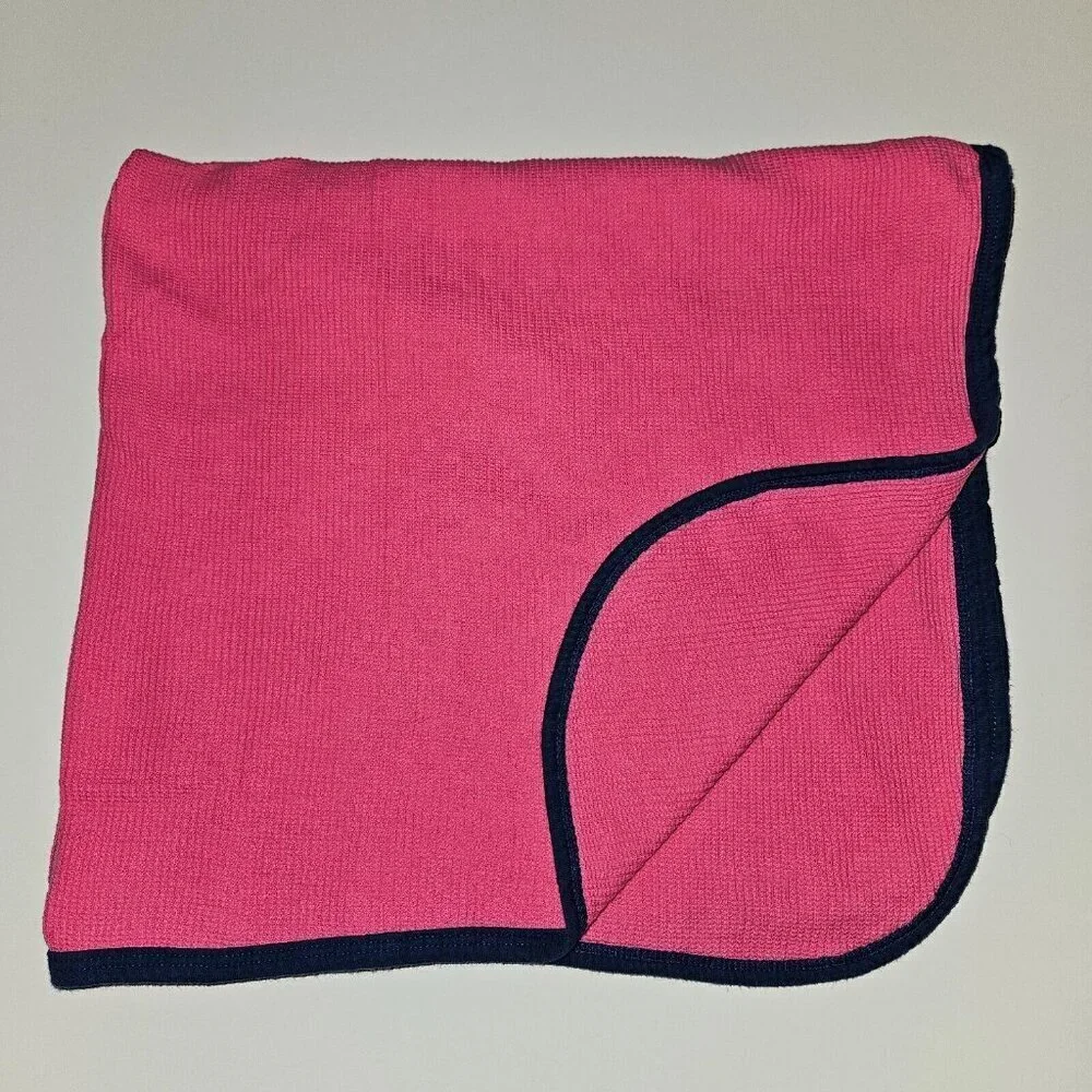 Gerber Hot Pink Waffle Knit Cotton Thermal Baby Blanket Navy Blue Trim 25x28 SRH